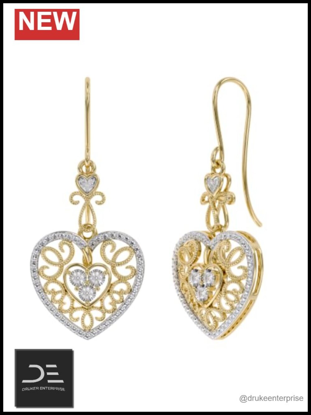 Yellow Gold Plated Sterling Silver Heart Drop Earrings Natural Diamond Accent